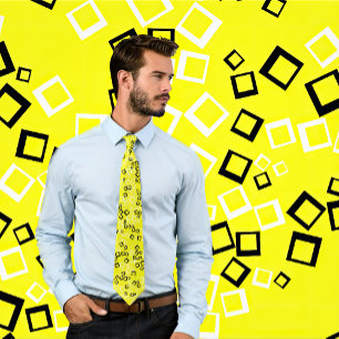 White & Black Retro Squares on Neon Yellow Tie