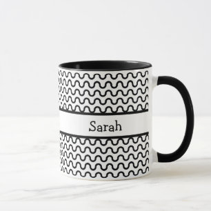 White & Black Retro Waves Pattern Personalised Mug