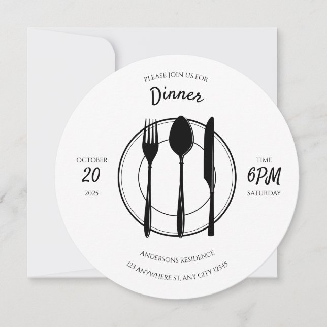 White Black Round Dinner Invitation (Front)