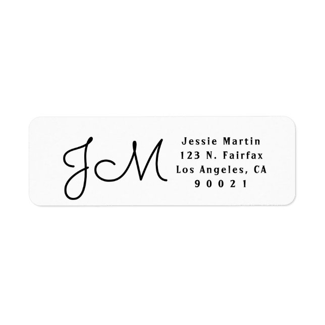 White & Black Script Monogrammed Return Address Label (Front)