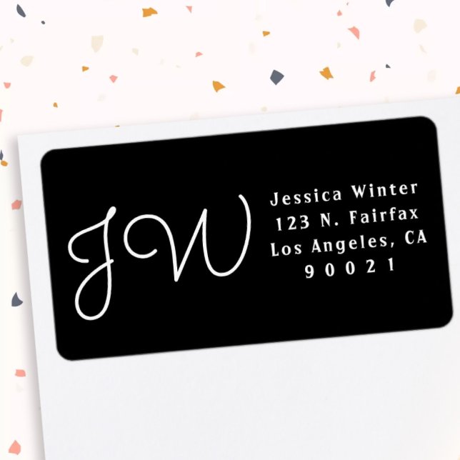White & Black Script Monogrammed Return Address Label (Creator Uploaded)
