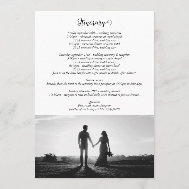 White & Black Script Photo Wedding Itinerary Program (Back)