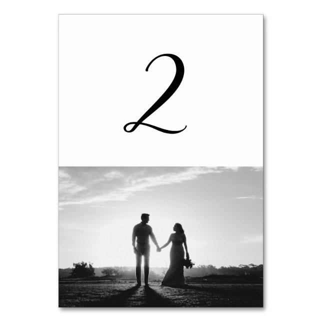 White & Black Script Photo Wedding Table Number (Front)