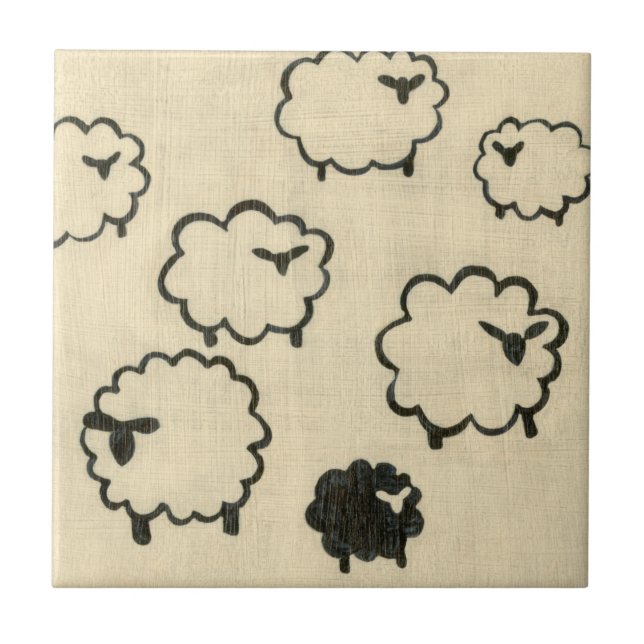 White & Black Sheep on Cream Background Ceramic Tile (Front)