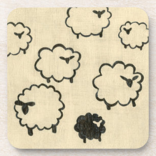 White & Black Sheep on Cream Background Coaster