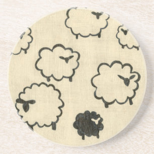 White & Black Sheep on Cream Background Coaster