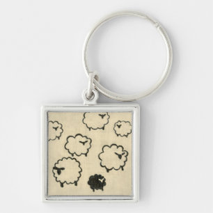 White & Black Sheep on Cream Background Key Ring