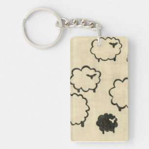 White & Black Sheep on Cream Background Key Ring