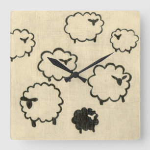 White & Black Sheep on Cream Background Square Wall Clock