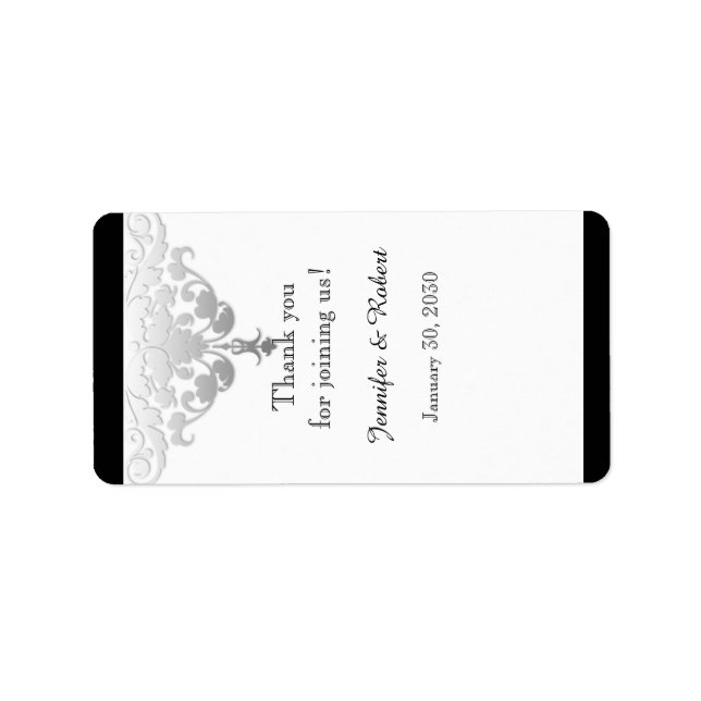 White Black Silver Damask Wedding Lip Balm Label (Front)