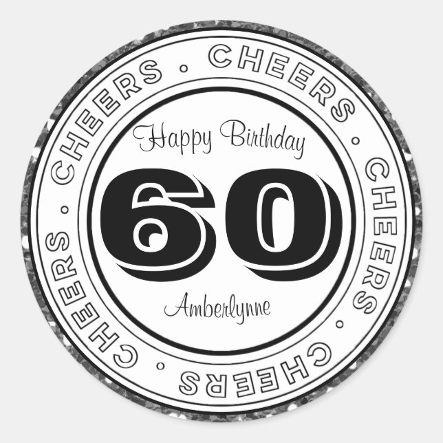 White Black Silver Glitter 60th Birthday Classic Round Sticker (Front)