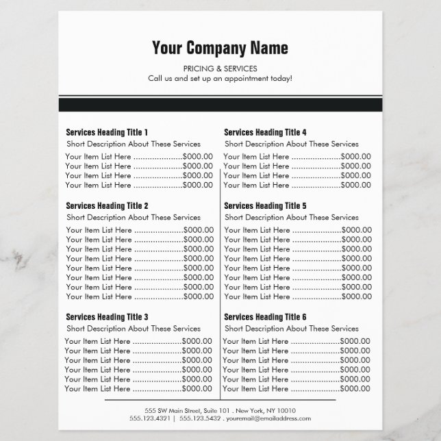 White Black Simple Border Price List 6 Flyer (Front)