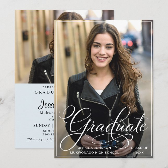 White Black Simple Modern PHOTO Graduation Party Invitation (Front/Back)