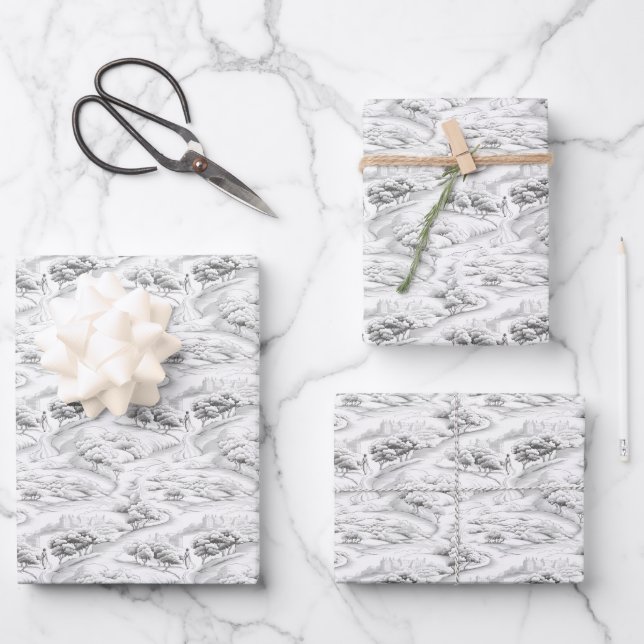 White & Black Sketched Landscape Wrapping Paper Sheet (Front)