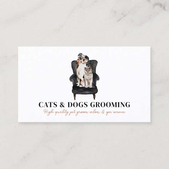 White Black Sofa Dog Cat Pet Groomer Business Card (Front)