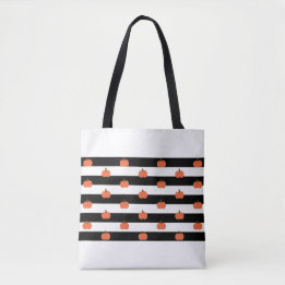White & Black Stripes with Pumpkins - Halloween Tote Bag