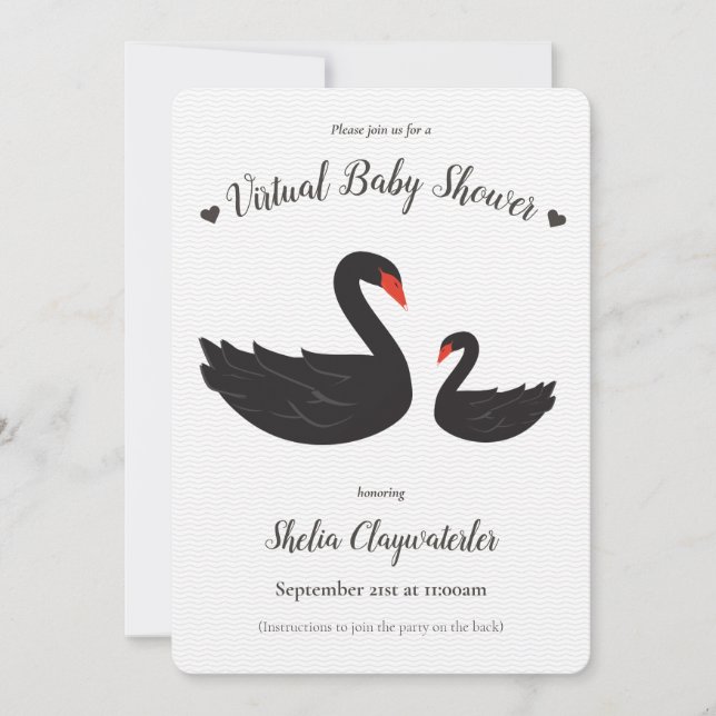 White Black Swan Bird Heart Virtual Baby Shower Invitation (Front)