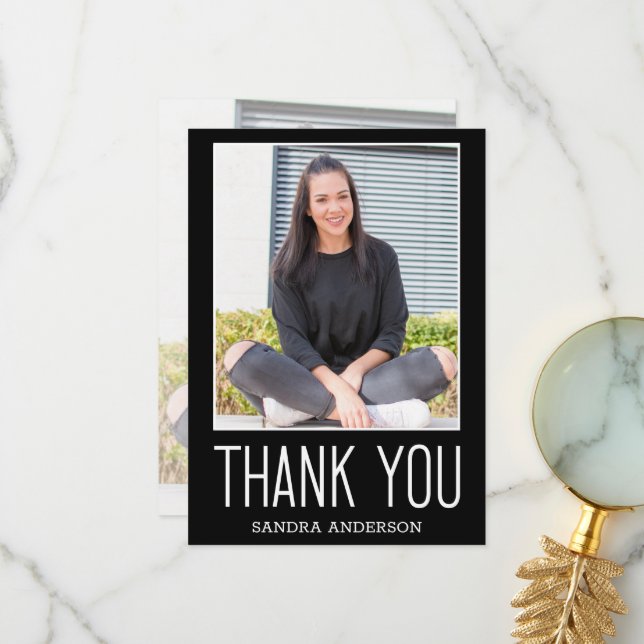 White & Black Thank You 2 Photo Graduation Card (Front/Back In Situ)