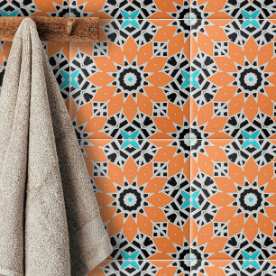 White Black Turquoise Moroccan Geometric Motifs Ceramic Tile