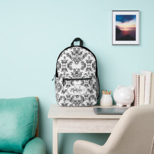 White Black vintage damask pattern Custom Monogram Printed Backpack