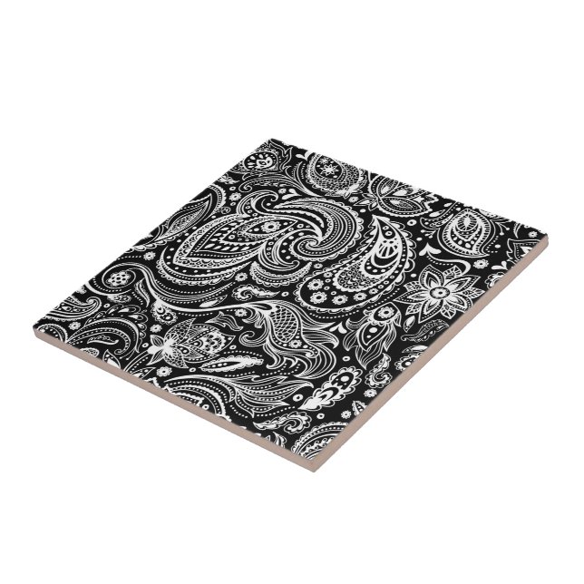 White & Black Vintage Floral Paisley Damasks Tile (Side)