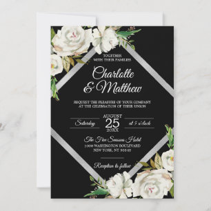 White Black Vintage Floral Wedding + Details RSVP Invitation