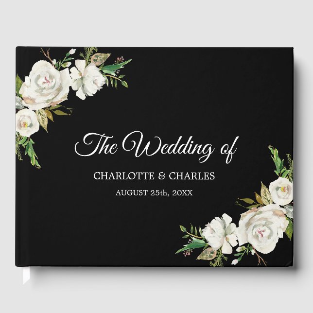 White Black Vintage Floral Wedding Guest Book (Front)
