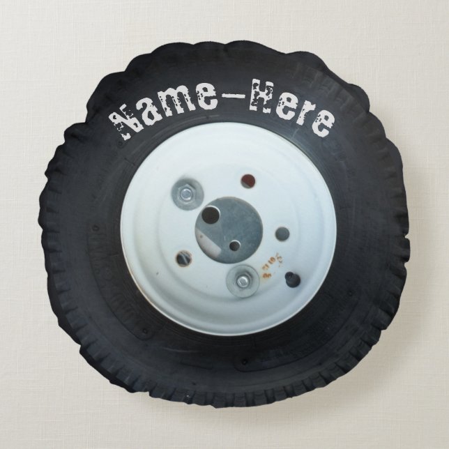 White & Black wheel/ tire  personalised name Round Cushion (Front)