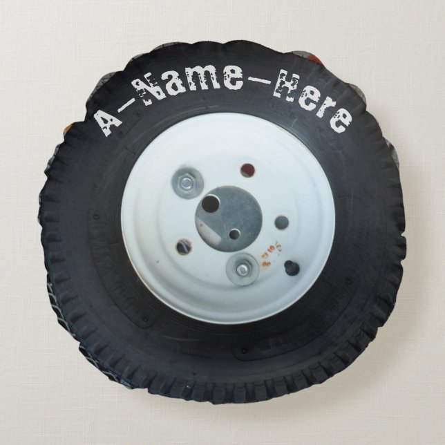 White & Black wheel/ tire  personalised name Round Cushion (Front)
