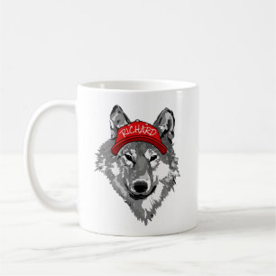 White & Black Wolf Red Baseball Cap Partner Name Coffee Mug