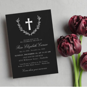 White Black Wreath Cross Celebration of Life Invitation