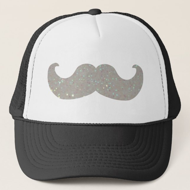 White Bling Moustache (Faux Glitter Graphic) Trucker Hat (Front)