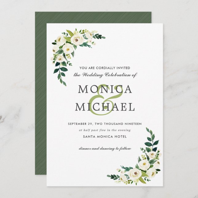 White Bloom | Floral Botanical Corner Wedding Invitation (Front/Back)