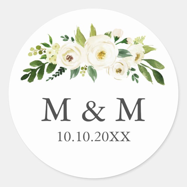 White Bloom | Floral  Wedding Classic Monogram Classic Round Sticker (Front)