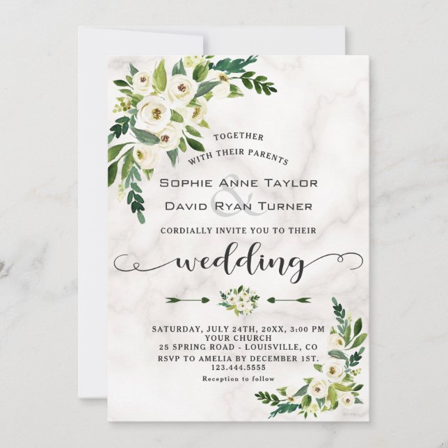 White Bloom Flowers Marble Handwriting Wedding Invitation (Front)