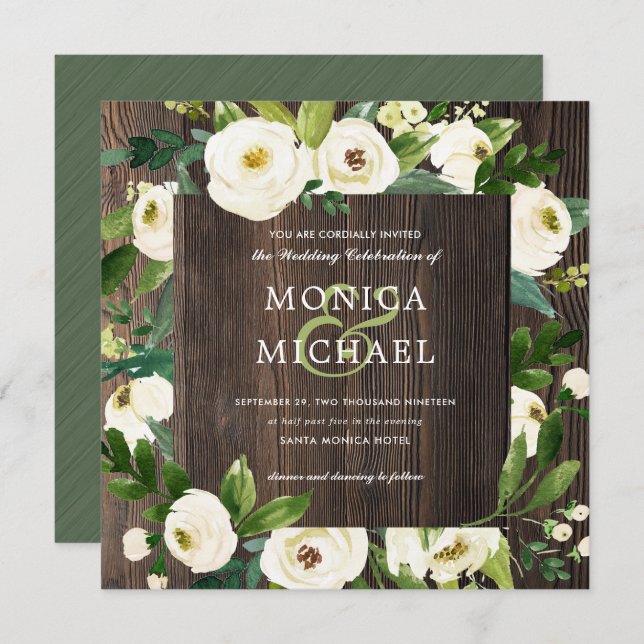 White Bloom | Wood Floral Botanical  Wedding Invitation (Front/Back)
