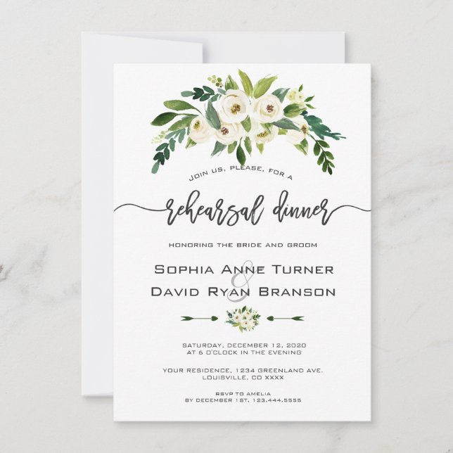 White Blooming Floral Handwriting Rehearsal Dinner Invitation (Front)