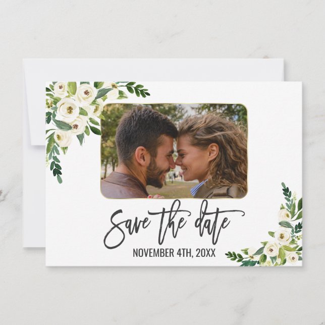 White Blooming Floral Photo Save The Date (Front)
