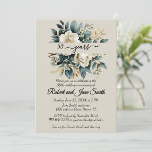 White blooming flower 50th wedding anniversary invitation