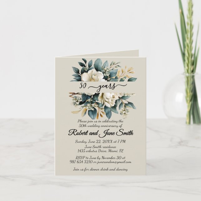 White blooming flower 50th wedding anniversary  invitation (Front)