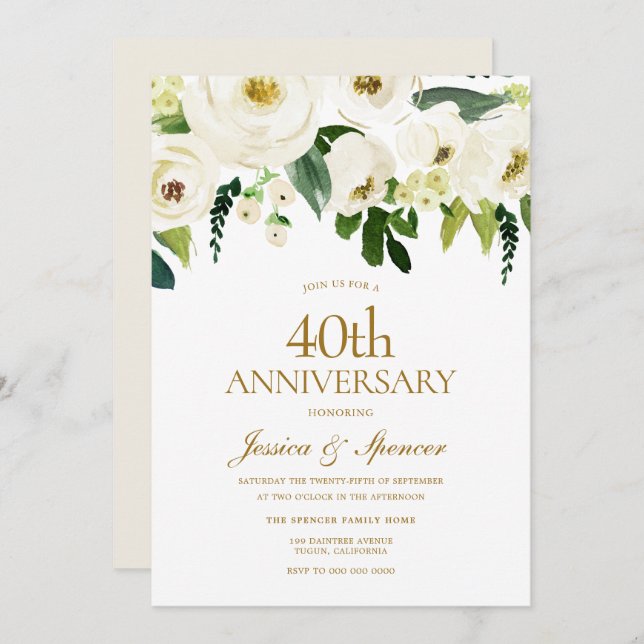 White Blooming flowers 40th Wedding Anniversary Invitation (Front/Back)
