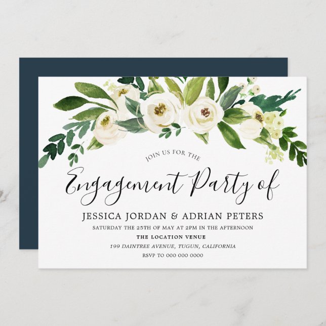 White Blooming Flowers Engagement Party Invitation (Front/Back)
