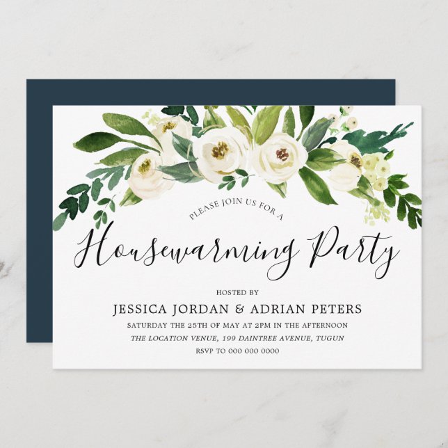 White Blooming Flowers Housewarming Party Invitation (Front/Back)
