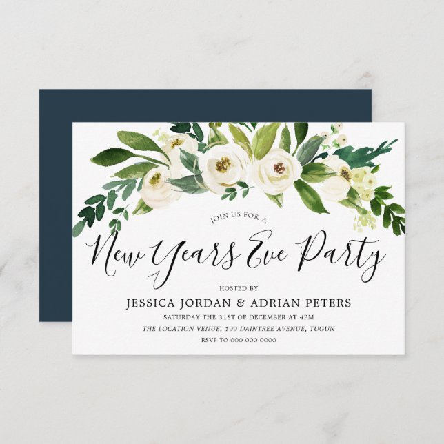 White Blooming Flowers New Years Eve Party Invitation (Front/Back)
