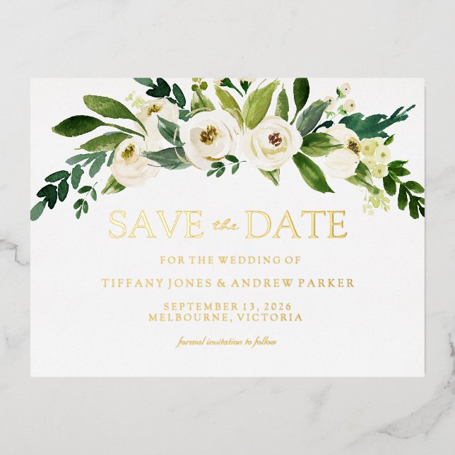 White Blooming Flowers Wedding Save The Date Foil Invitation Postcard (Front)