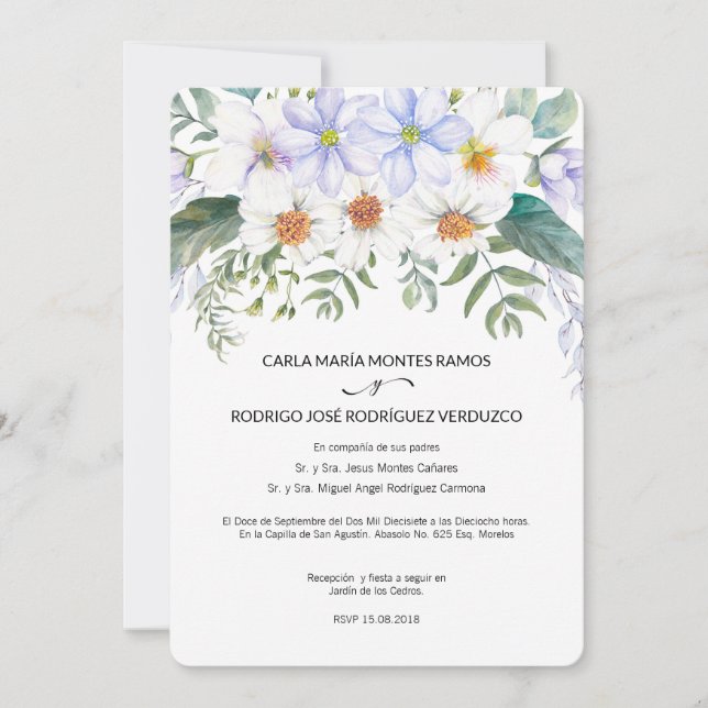 White Blooms Spanish Wedding Invitation (Front)