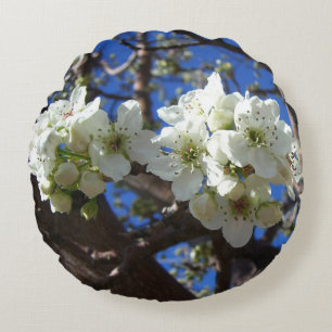 White Blossom Clusters Spring Flowering Pear Tree Round Cushion