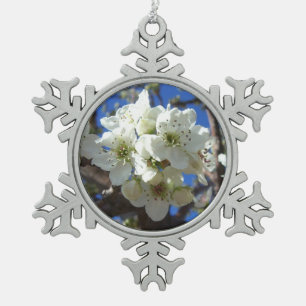 White Blossom Clusters Spring Flowering Pear Tree Snowflake Pewter Christmas Ornament