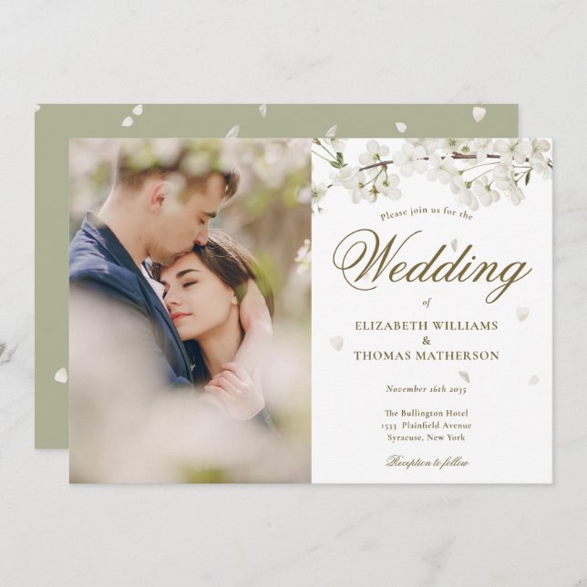 White Blossom Floral Gold Script Photo Invitation (Front/Back)