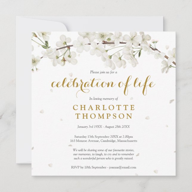White Blossom Floral Photo Celebration of Life Invitation (Front)